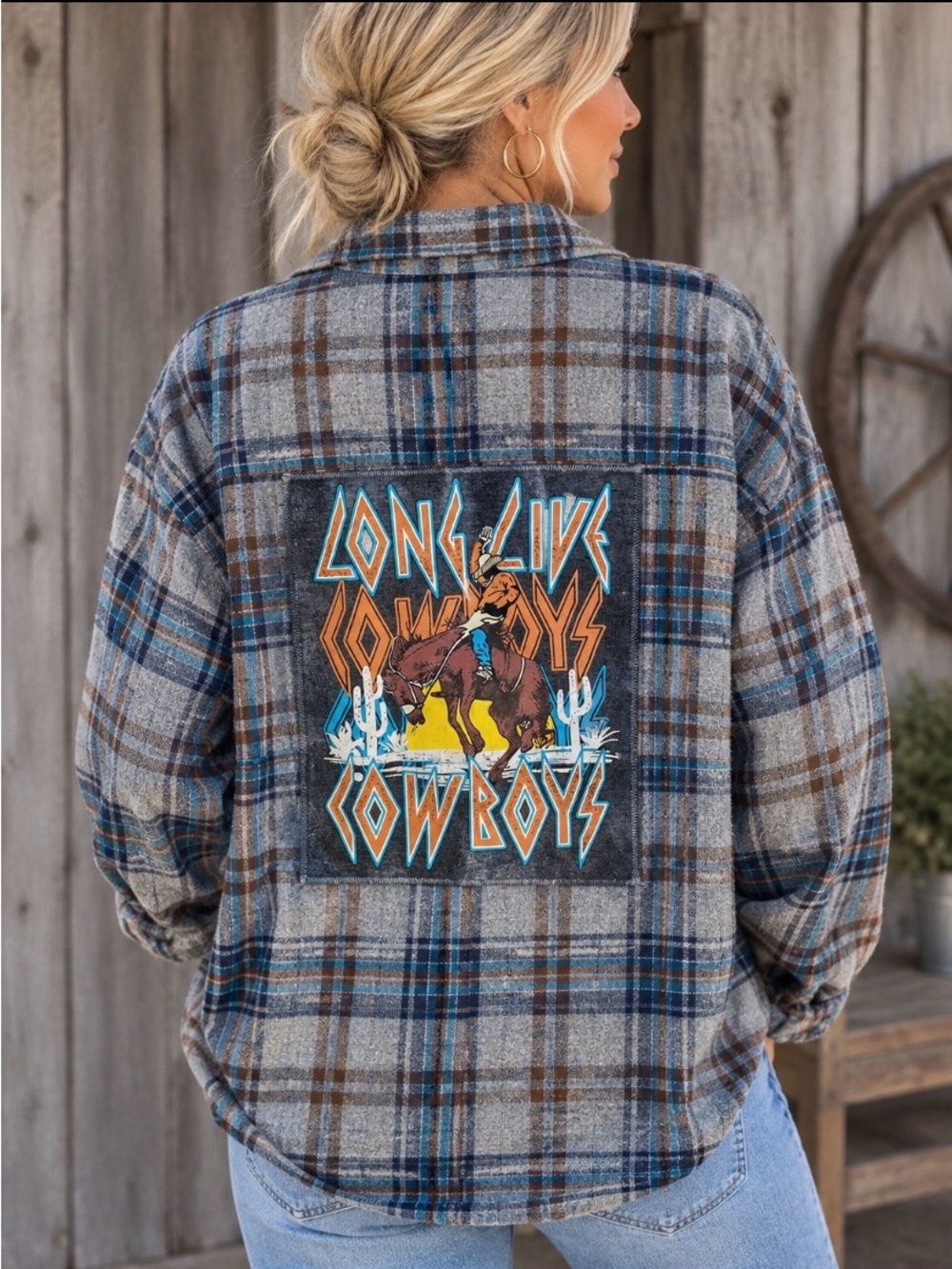 Plaid Flannel Shirt Jacket with 'Long Live Cowboys' Back Patch - Gray/Blue